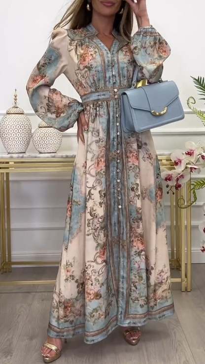 V-neck Long-sleeved Elegant Printed Dress