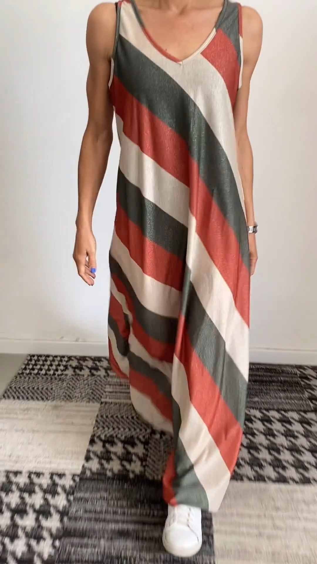 Women's V-neck Striped Sleeveless Dress
