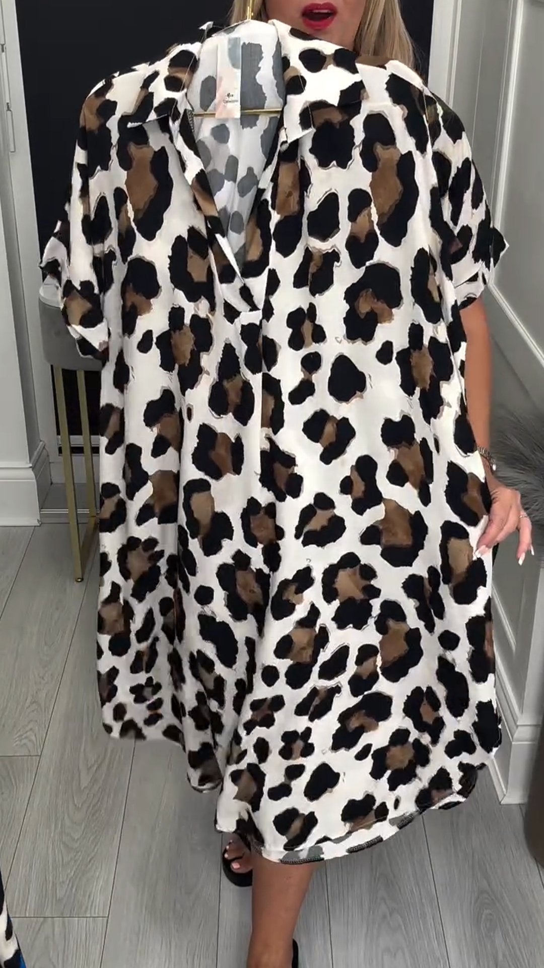 Women's Lapel Short Sleeve Leopard Print Dress