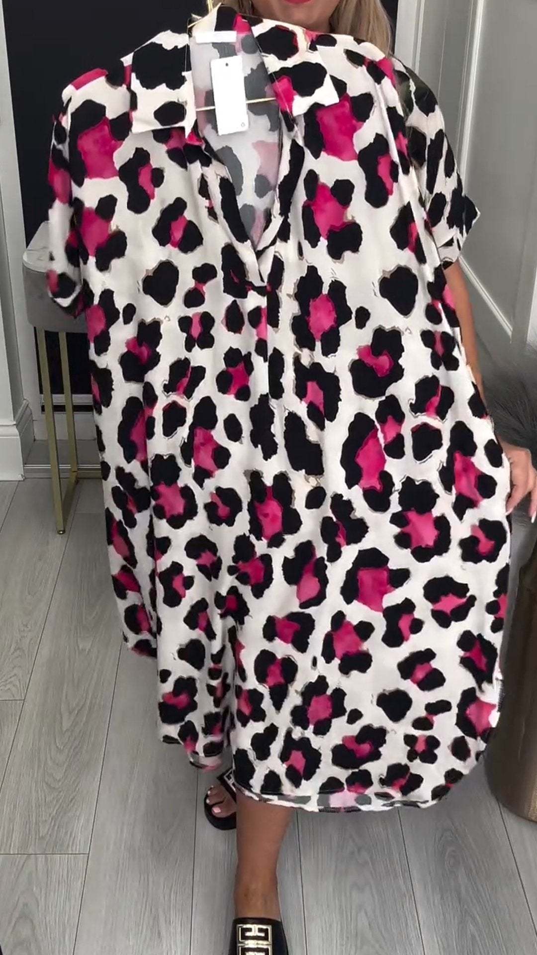 Women's Lapel Short Sleeve Leopard Print Dress