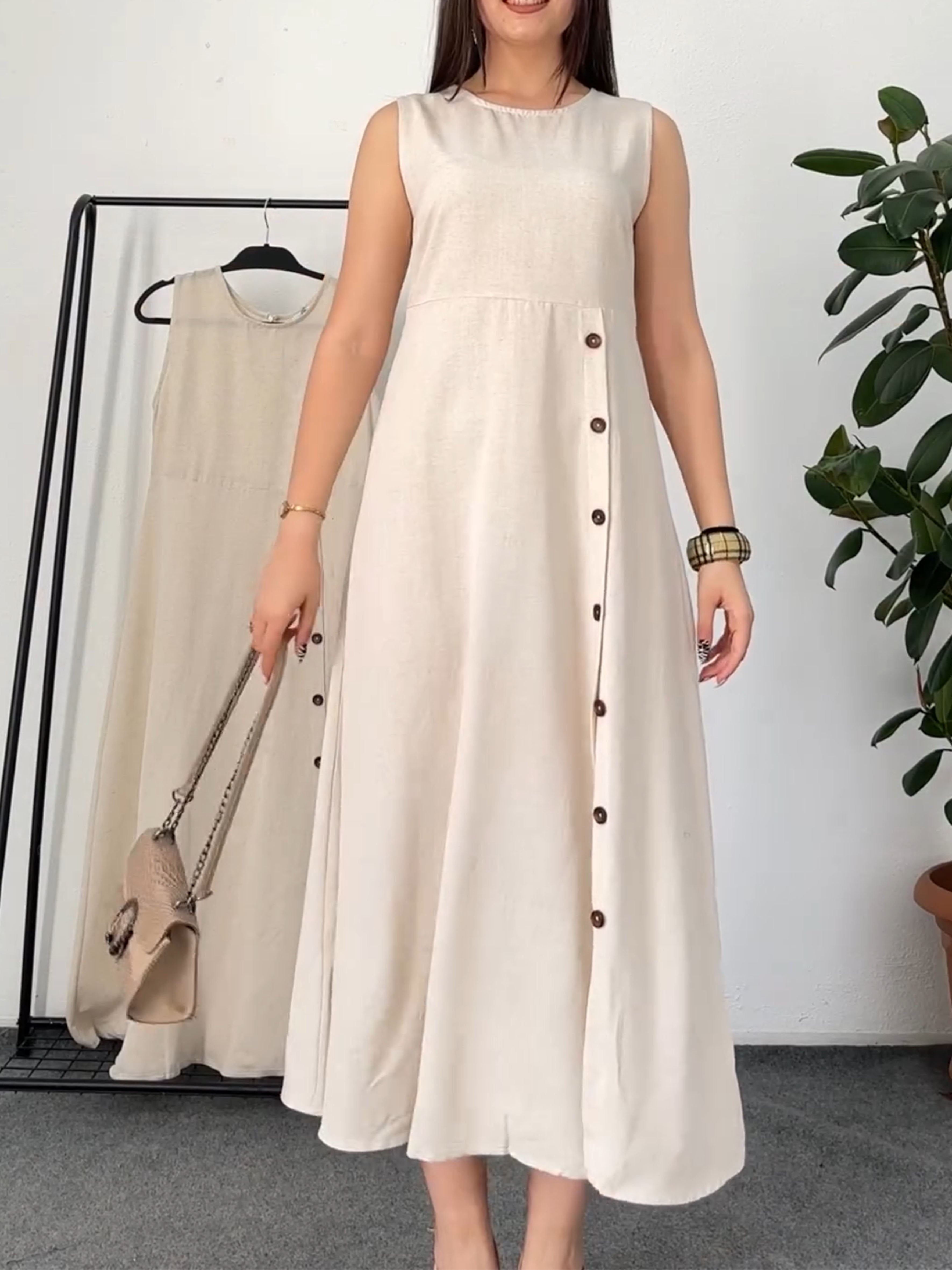 Irregular Buttoned Sleeveless Cotton and Linen Dress