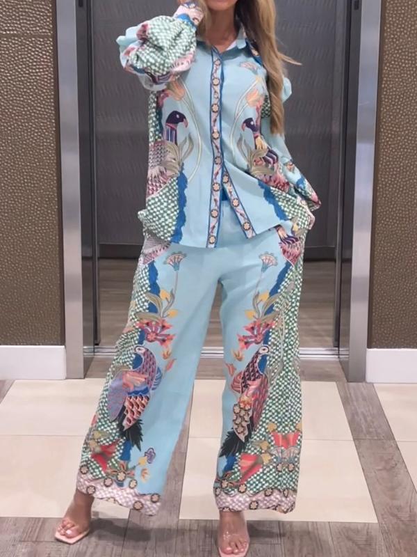 Women Casual Printed Shirt and Pants Two-pieces Set