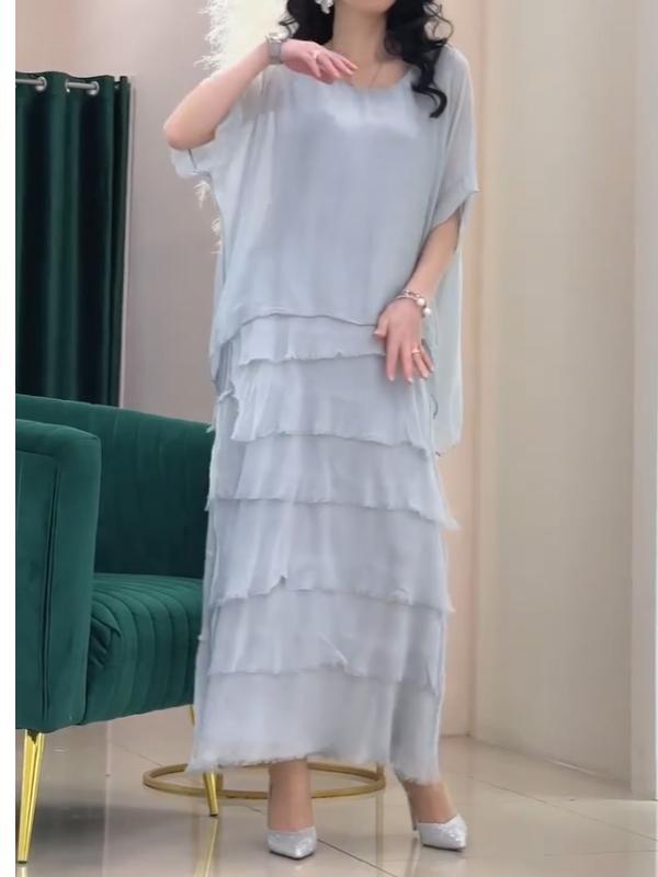 Women's Round Neck Solid Color Chiffon Dress