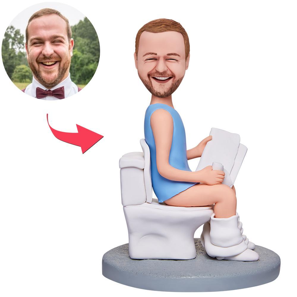 Man Sitting On The Toilet And Reading A Book Custom Bobbleheads For Ma