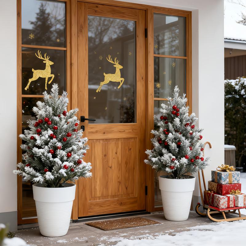 Two artificial pine trees with 14 red berries, evergreen decorations suitable for gardens, patios, and doorways - maintenance-free artificial cedar shrubs, weatherproof and durable, enhancing garden aesthetics.