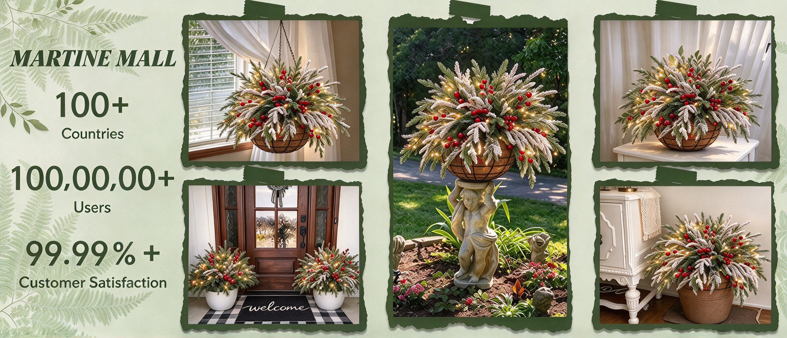 Christmas hanging basket with decorative lights
