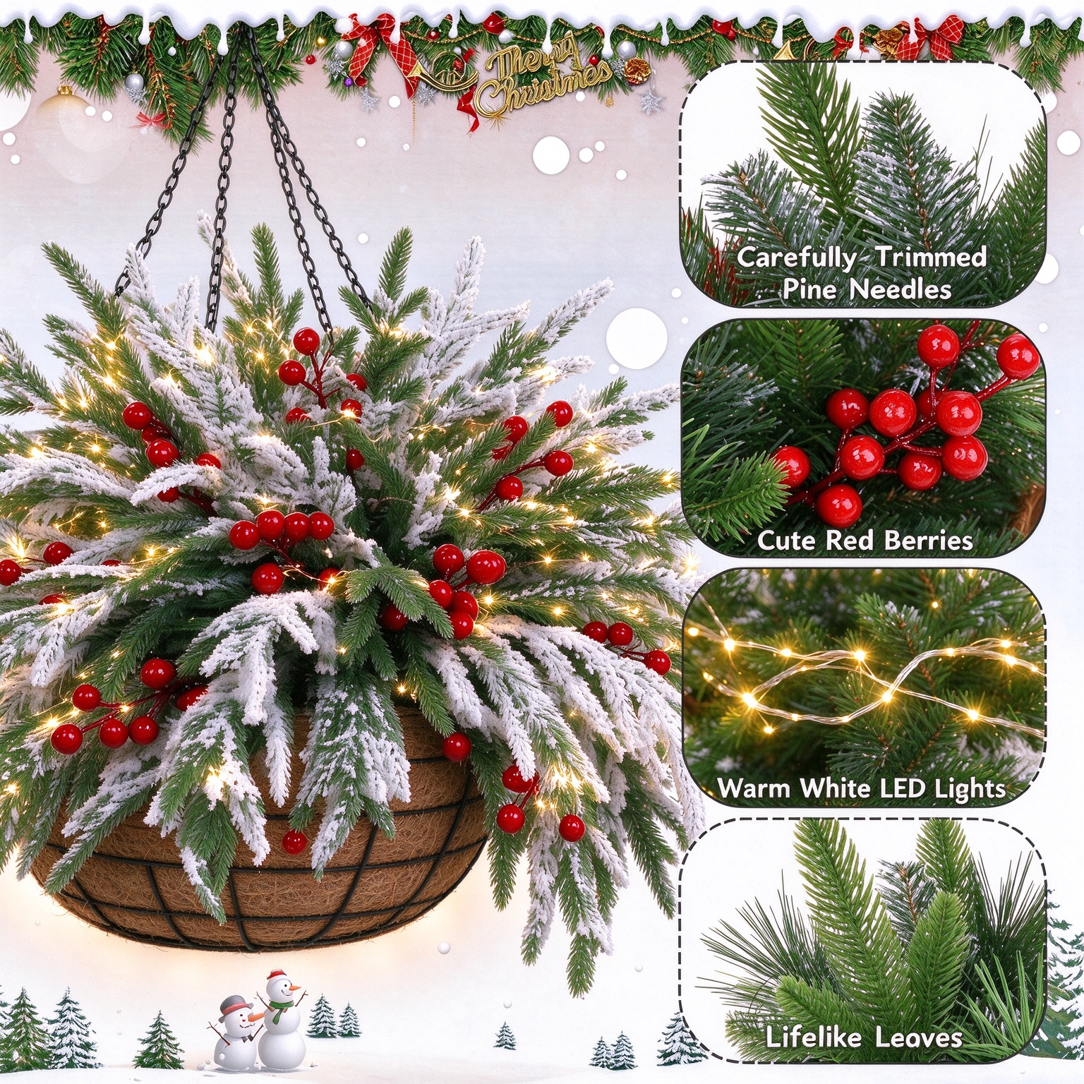 Close-up of Christmas hanging basket greenery