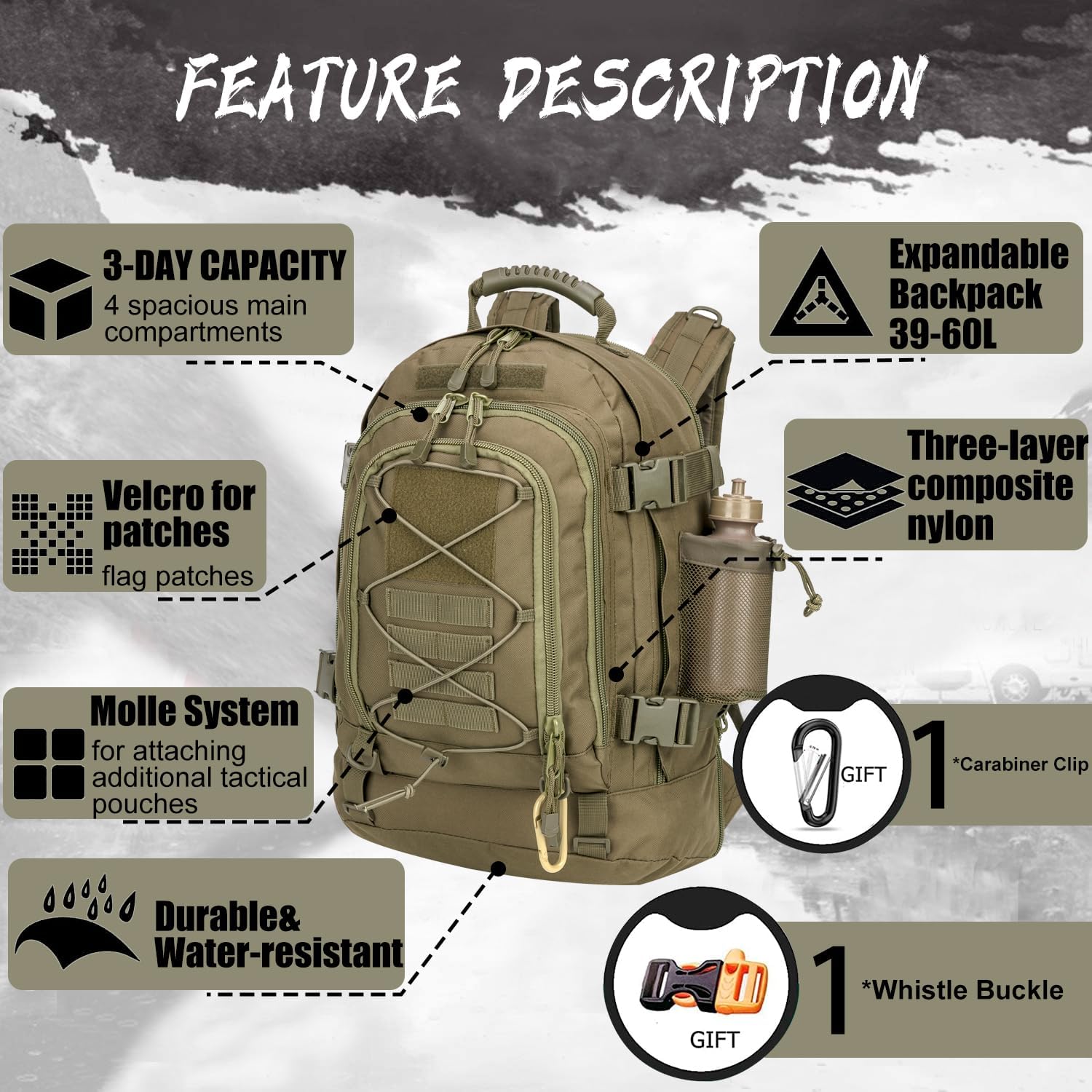 Expandable 40-64L Military Tactical Backpack 3 Day Bag Hiking Gym Sport Camping