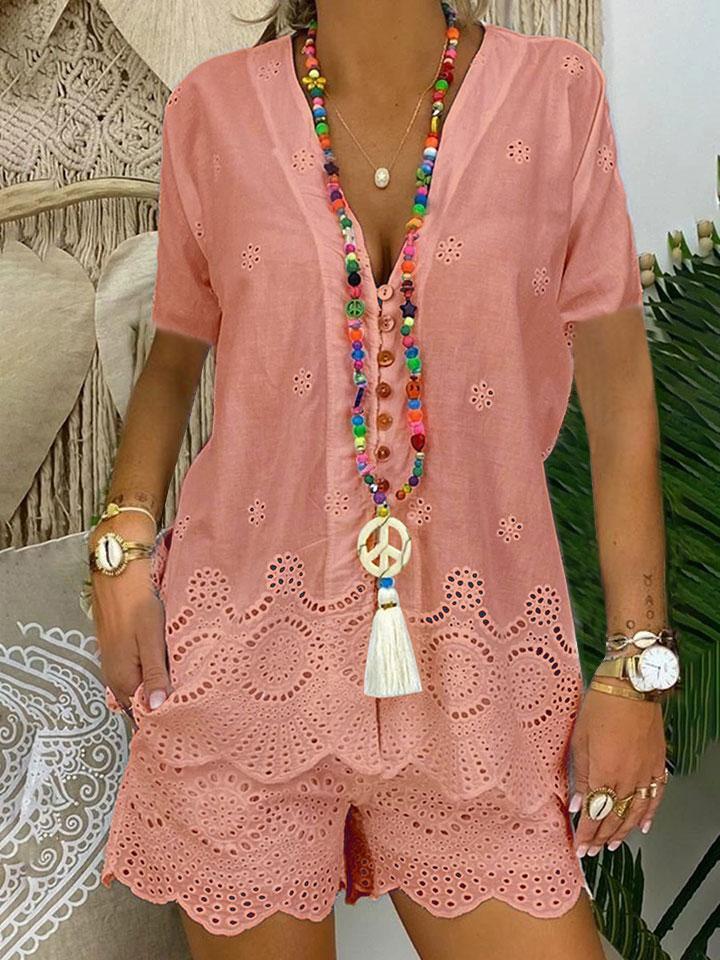 Fashionable Solid Color Hollow Short Sleeve Casual Suit