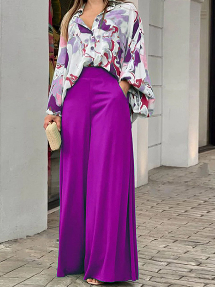 Summer Womens Two Piece Sets Elegant Long Puff Sleeve Shirt Wide Leg Pants Female Suits  Print Loose Casual Trouser Suit