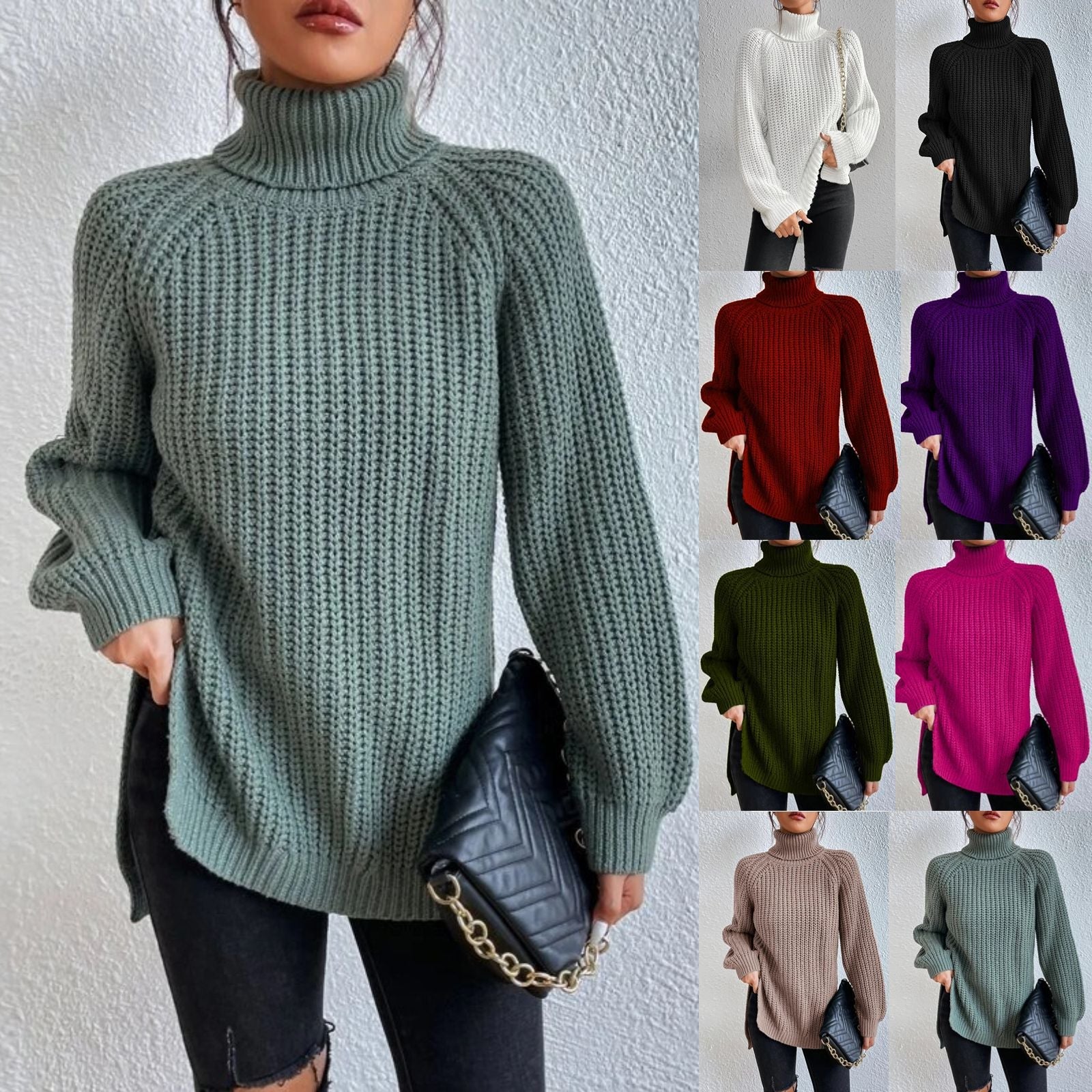 Black Friday Sale - 49% off-Cotton Turtleneck Raglan Sleeve Split Hem Sweater