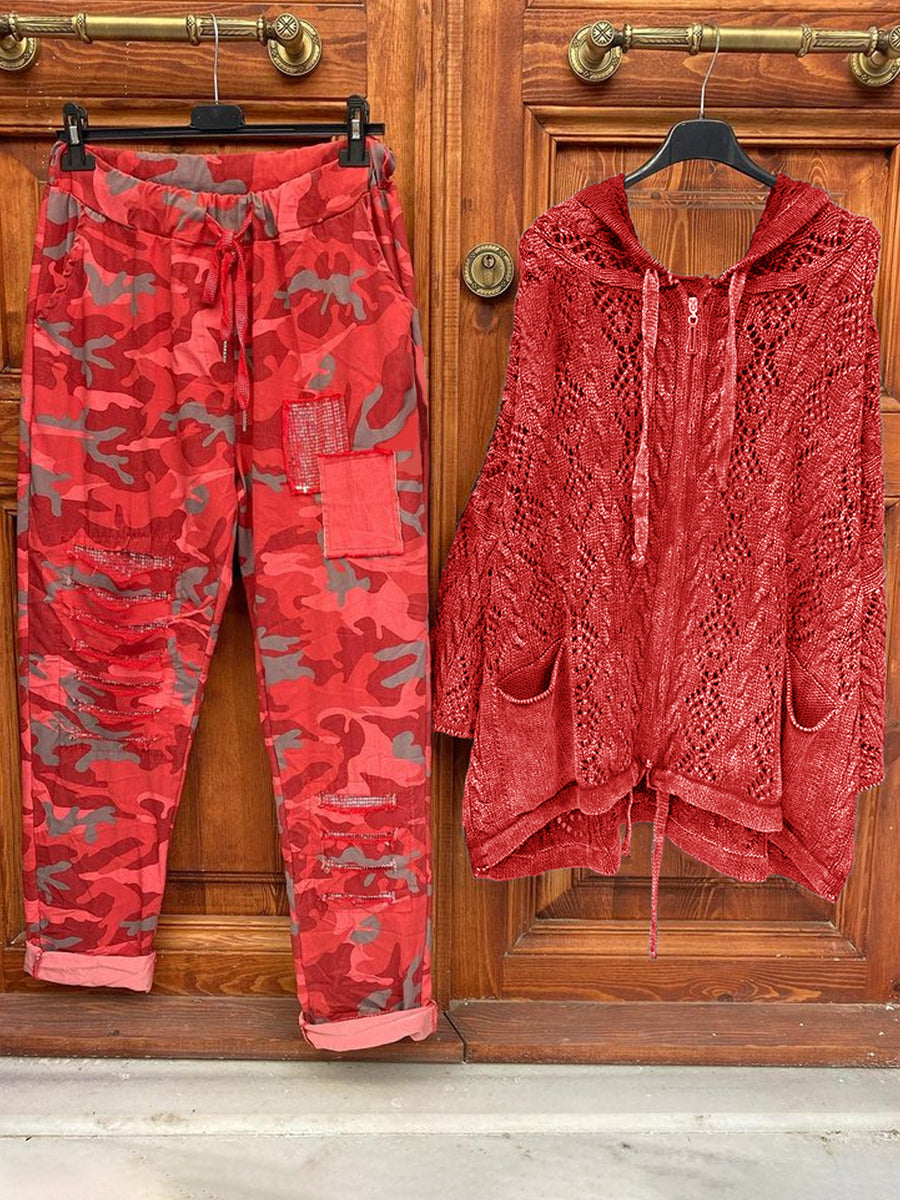 Zipper Hooded Coat And Camouflage Pants Set