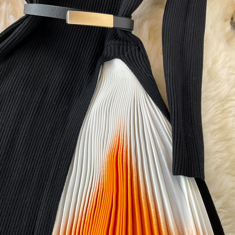 Long Sleeve Knitted Pleated Dress