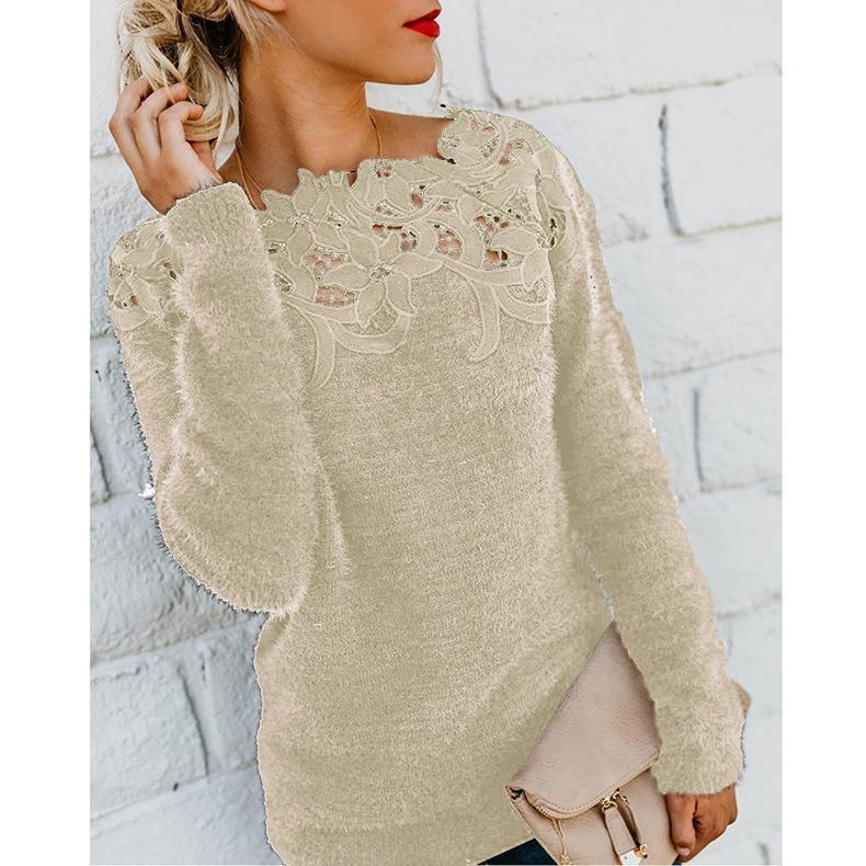 Solid Lace Splice Long Sleeve Plush Sweater