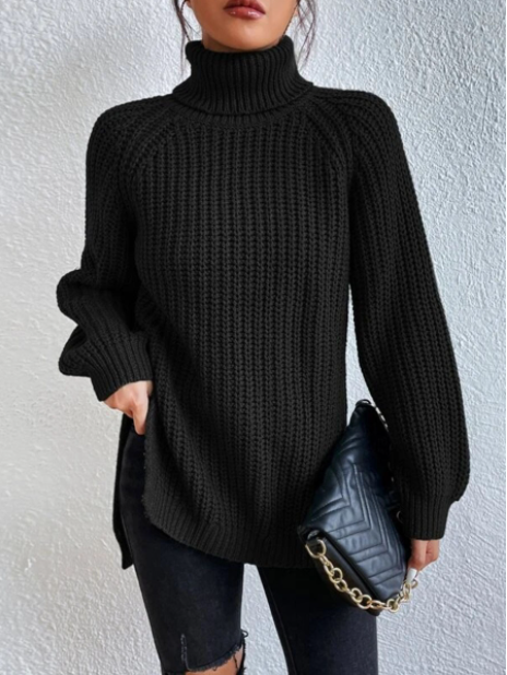 Black Friday Sale - 49% off-Cotton Turtleneck Raglan Sleeve Split Hem Sweater