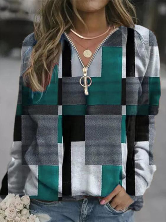 Women Long Sleeve V-neck Geometric Colorblock Top