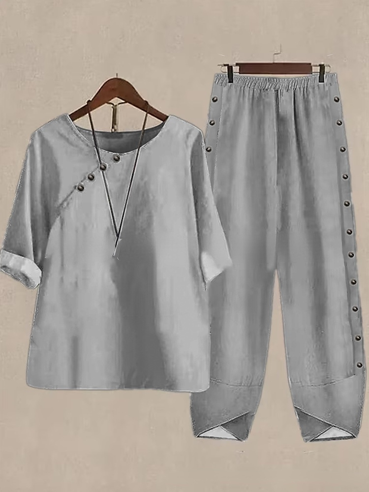 5/4 Sleeved Cotton Linen Top And Pants Two-piece Set