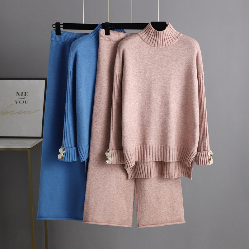 Knitted Women Casual Wide Leg Pants Two Piece Set Loose Button Design Pullover And Drawstring Trouser Ladies Suit Winter Fashion