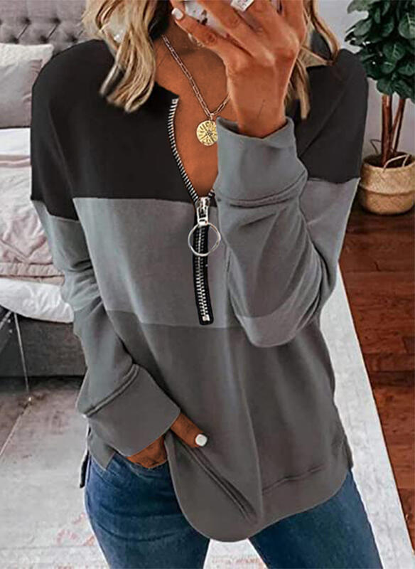 Color Block V-Neck Long Sleeves Sweatshirt