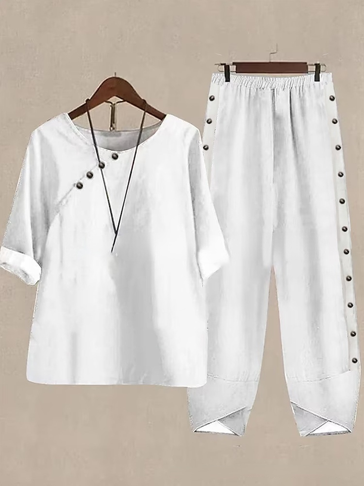 5/4 Sleeved Cotton Linen Top And Pants Two-piece Set