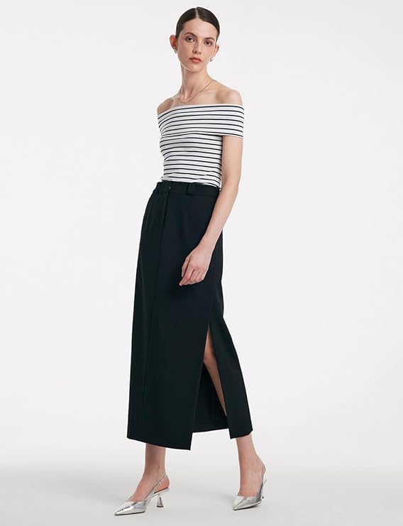 Women's Off Shoulder Short Sleeve Blue Stripe Knit T Shirt 2024 Dressy White Slim Fit Business Casual Tops for Women