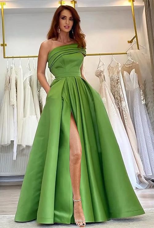  Women's One Shoulder Prom Dresses Long Satin Side Slit Formal Evening Gowns with Pockets