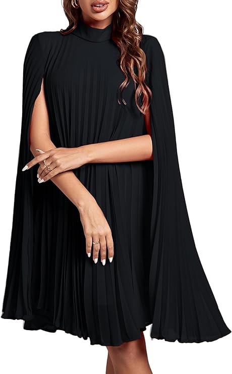 Women's Mock Neck Cloak Sleeve Pleated Keyhole Back Flowy Party Midi Dress