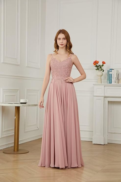 Lace V Neck Bridesmaid Dresses Long Backless Chiffon Wedding Prom Dress Formal Gown with Belt