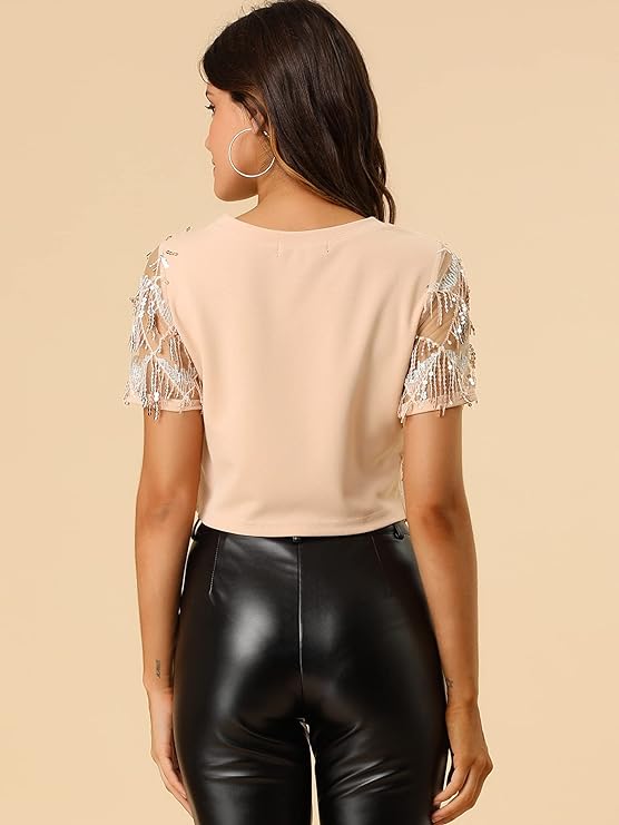 Women's Sequin Shiny Glitter Crop Top Short Sleeves Tassel T-Shirt