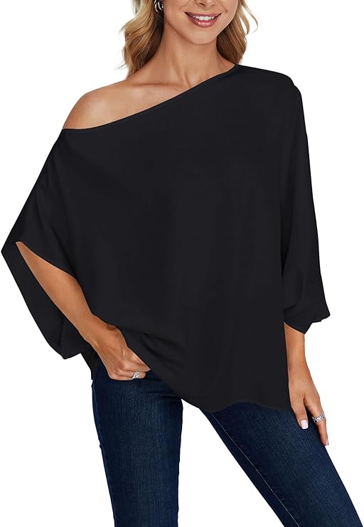 Women's Casual Off Shoulder Batwing Short Sleeve Solid Loose Shirt Blouse Top