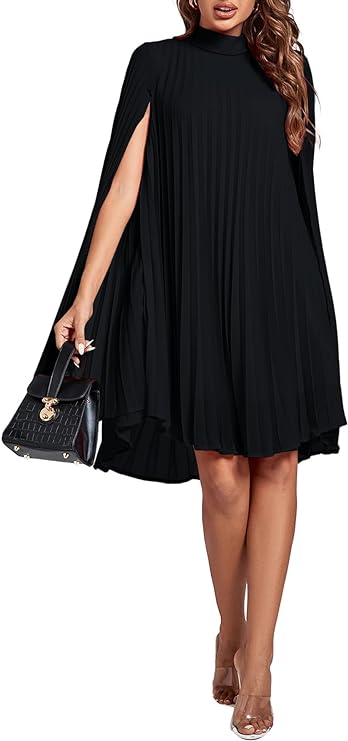 Women's Mock Neck Cloak Sleeve Pleated Keyhole Back Flowy Party Midi Dress