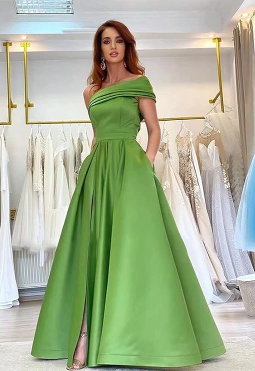  Women's One Shoulder Prom Dresses Long Satin Side Slit Formal Evening Gowns with Pockets