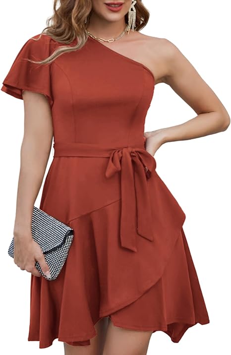 Women's Summer Wedding Guest Dress Elegant One Shoulder Cocktail Dress Ruffle Short Sleeve A Line Party Dress