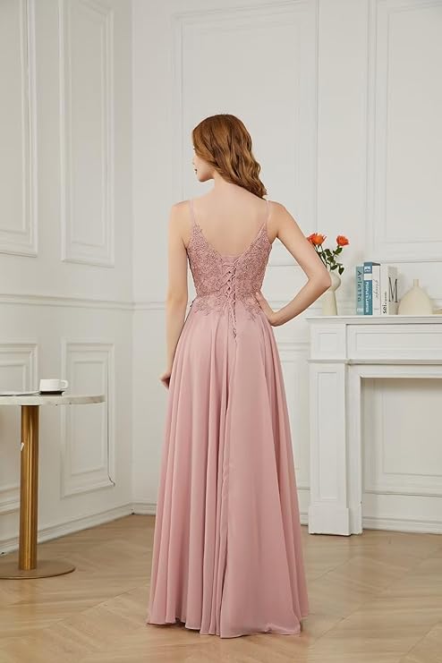Lace V Neck Bridesmaid Dresses Long Backless Chiffon Wedding Prom Dress Formal Gown with Belt