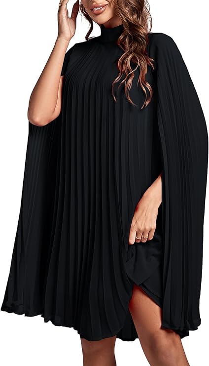 Women's Mock Neck Cloak Sleeve Pleated Keyhole Back Flowy Party Midi Dress