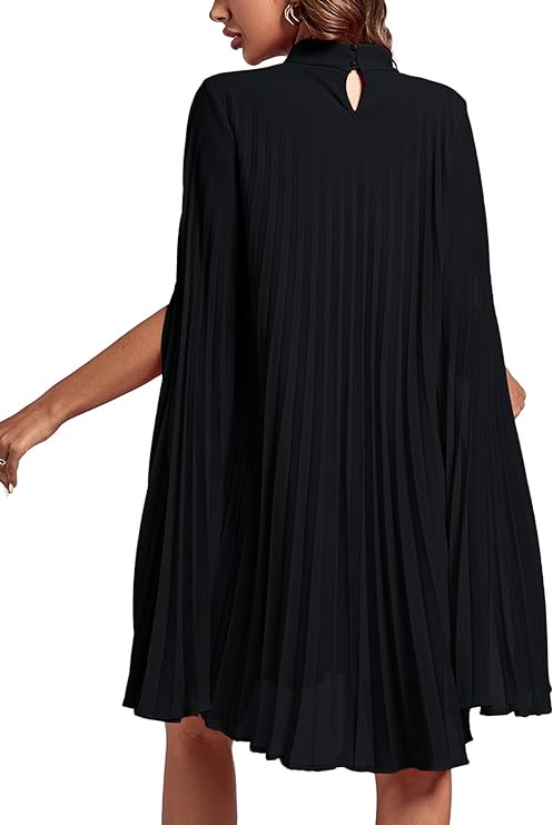 Women's Mock Neck Cloak Sleeve Pleated Keyhole Back Flowy Party Midi Dress