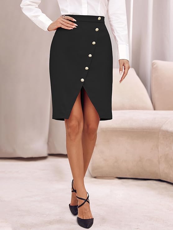 Womens Bodycon Pencil Skirt High Waist Button Split Front Knee Length Work Business Skirts