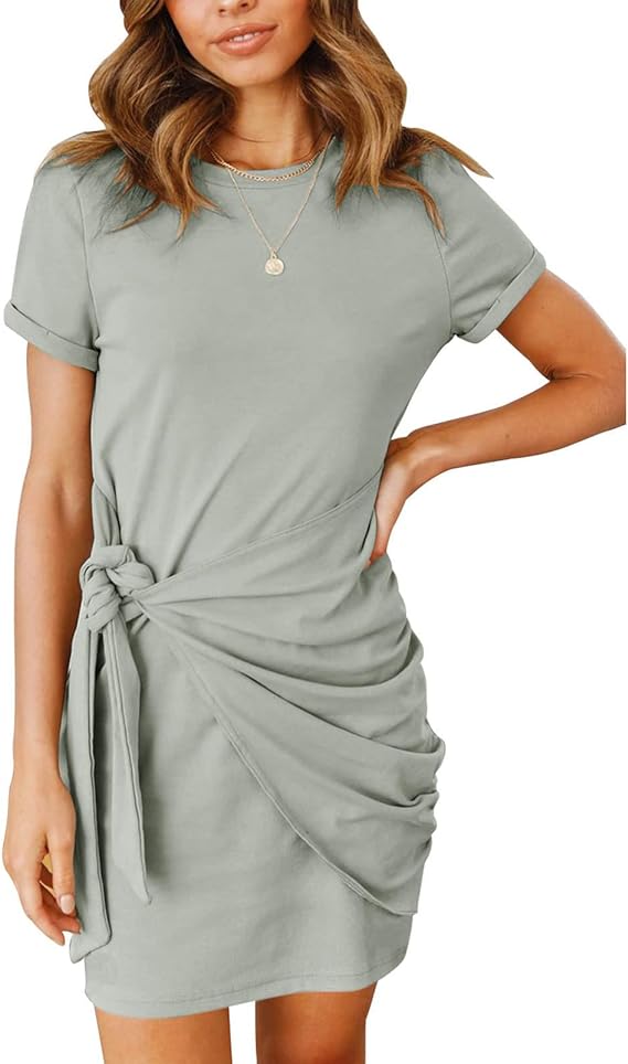 Women's Summer Sleeveless T Shirt Dress Tie Waist Ruched Crewneck Bodycon Mini Dress