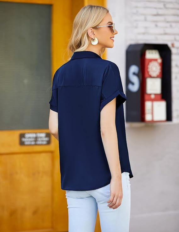 Silk Button Down Shirts Short Sleeve V-Neck Satin Blouse Office Tunic Top for Women