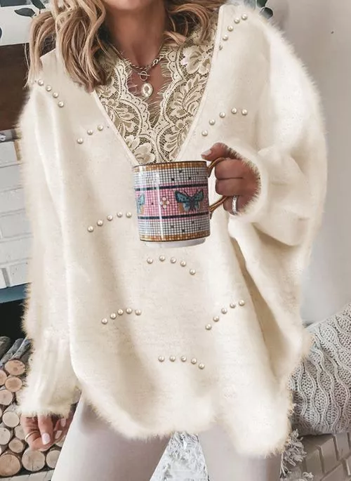 V-neckline Solid Color Casual Lace H-line Sweaters