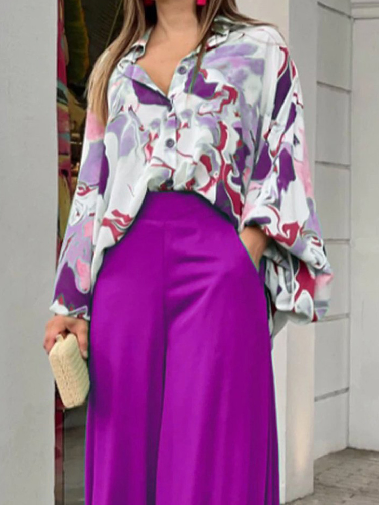 Summer Womens Two Piece Sets Elegant Long Puff Sleeve Shirt Wide Leg Pants Female Suits  Print Loose Casual Trouser Suit