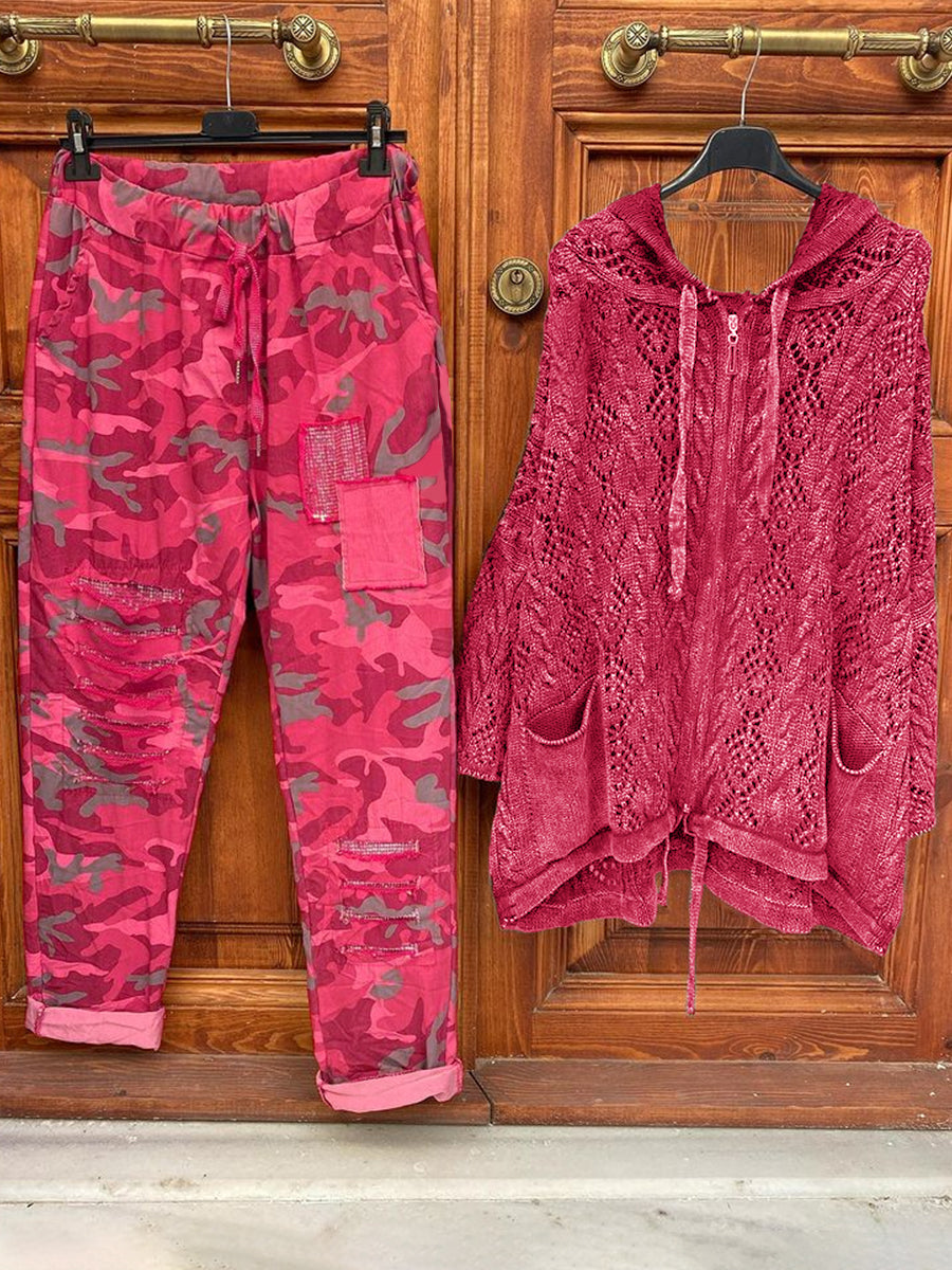 Zipper Hooded Coat And Camouflage Pants Set