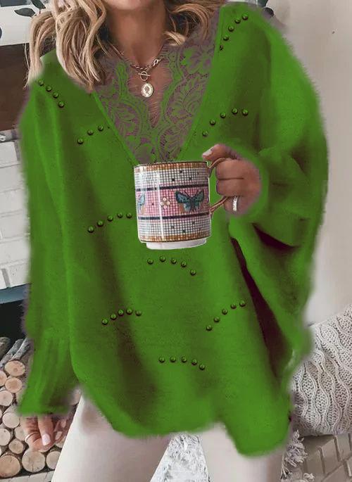 V-neckline Solid Color Casual Lace H-line Sweaters