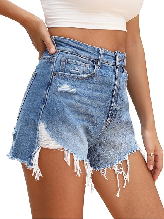 Women's Stretch Denim Shorts Frayed Raw Hem Ripped Summer Jeans Shorts