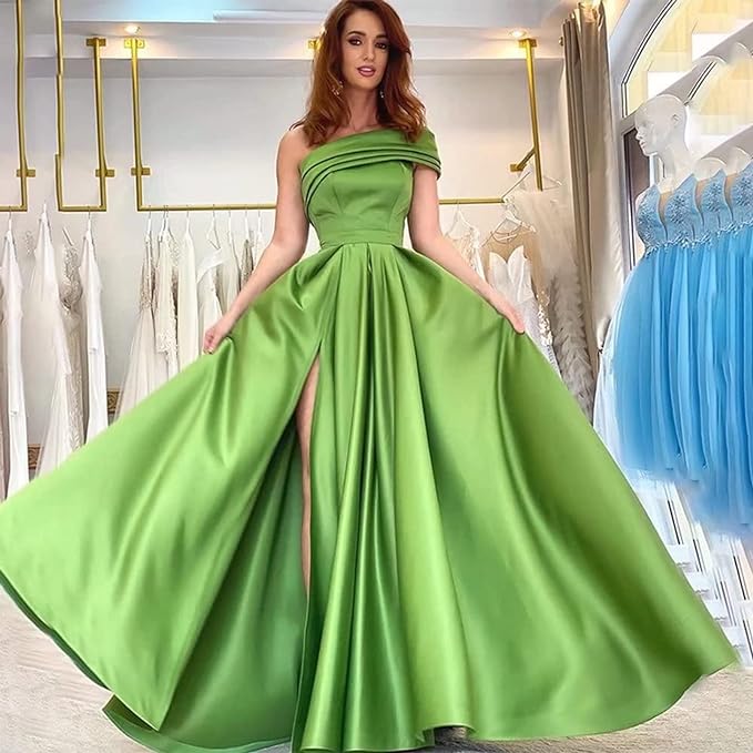 Women's One Shoulder Prom Dresses Long Satin Side Slit Formal Evening Gowns with Pockets
