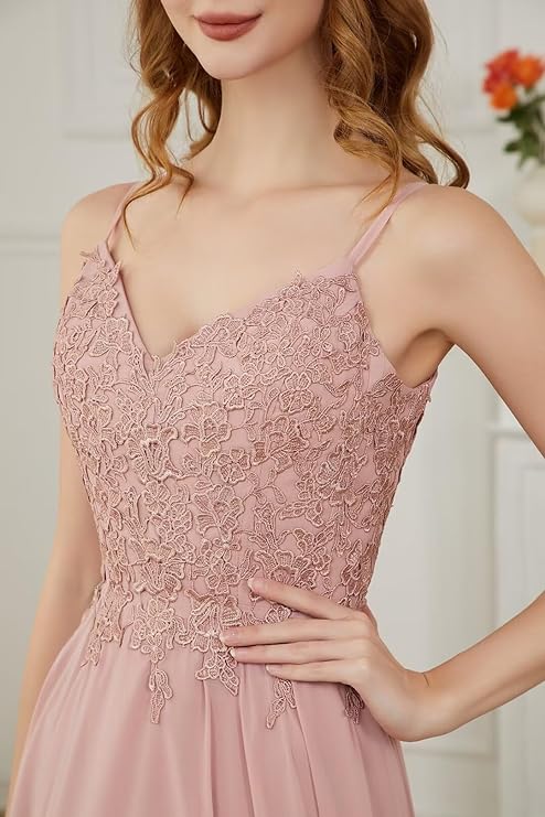 Lace V Neck Bridesmaid Dresses Long Backless Chiffon Wedding Prom Dress Formal Gown with Belt