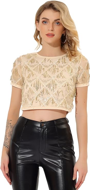 Women's Sequin Shiny Glitter Crop Top Short Sleeves Tassel T-Shirt