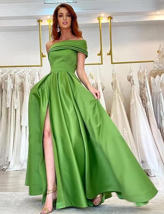  Women's One Shoulder Prom Dresses Long Satin Side Slit Formal Evening Gowns with Pockets