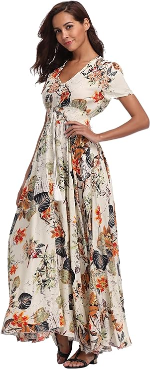 Women's Floral Print Maxi Dresses Boho Button Up Split Beach Party Dress