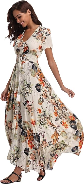 Women's Floral Print Maxi Dresses Boho Button Up Split Beach Party Dress